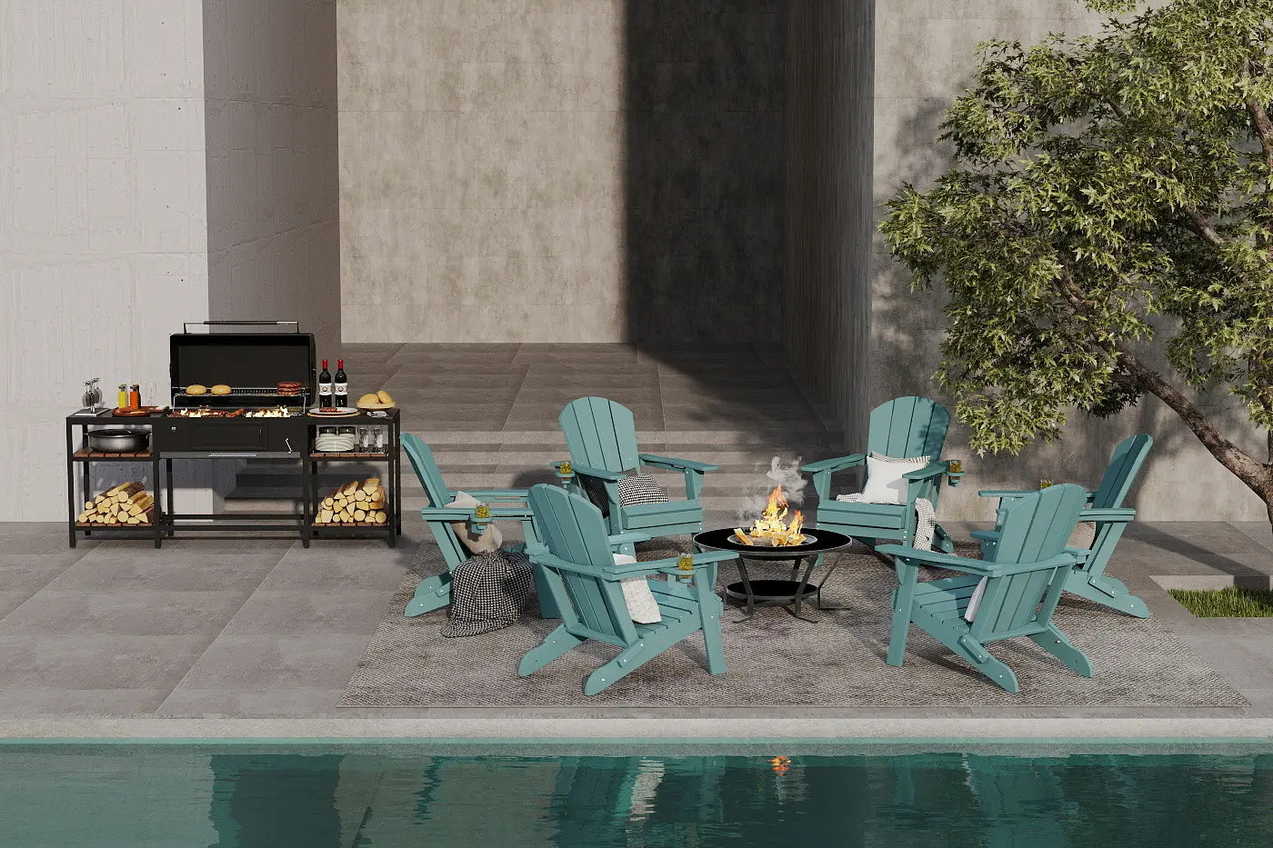 Outdoor patio setting with Adirondack chairs, grill, and fire pit by a pool.