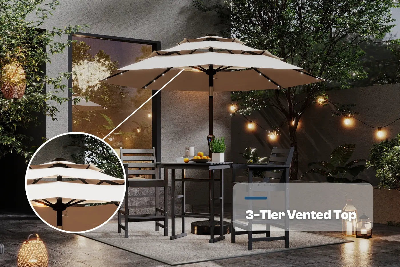 Outdoor patio set with a large umbrella on a patio area with string lights and plants.