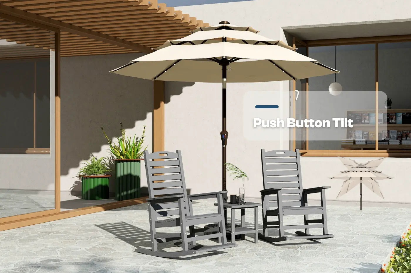 Outdoor patio set with two gray chairs and a beige umbrella on a patio.