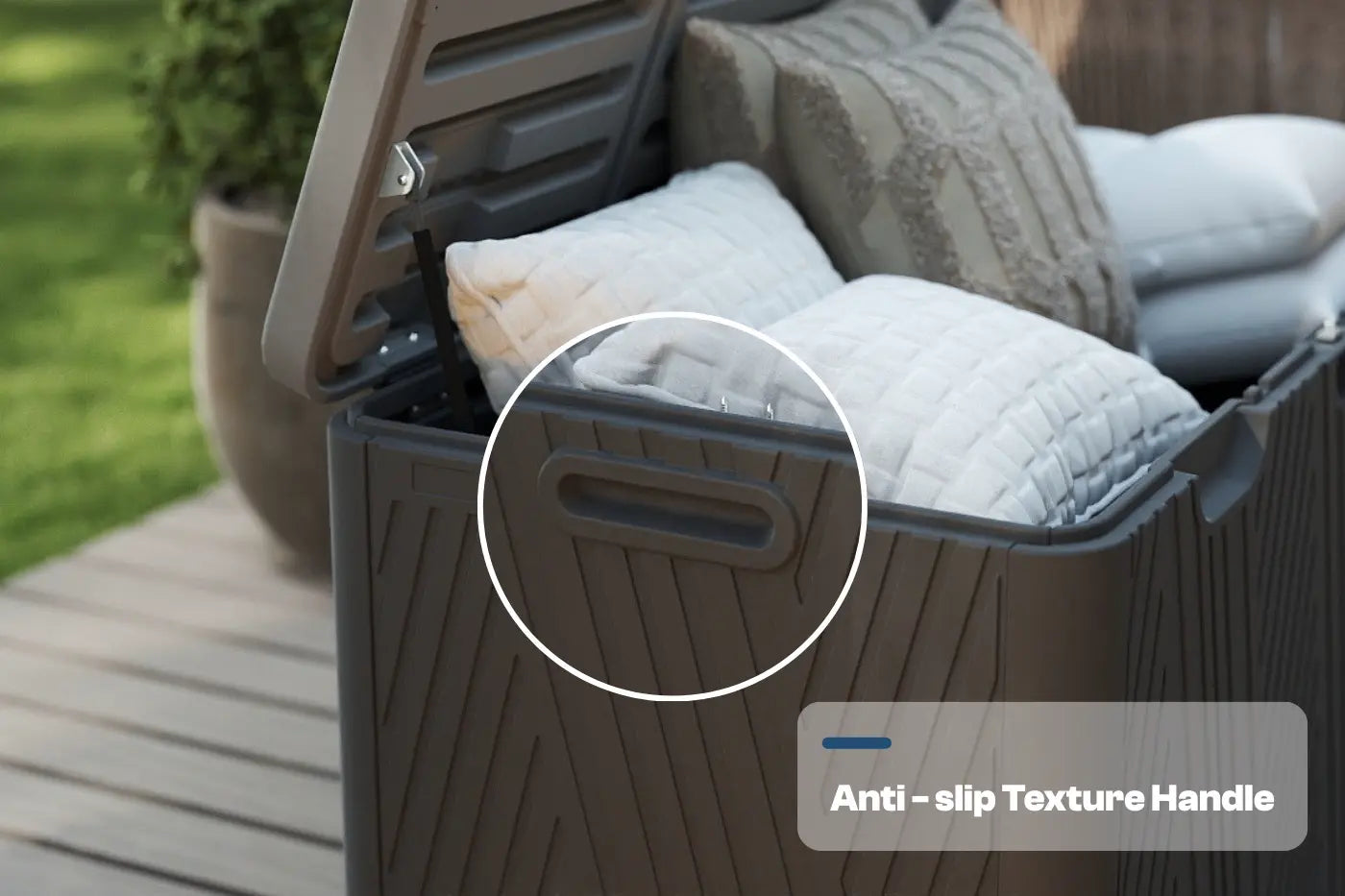 Storage bin with anti-slip texture handle on a wooden deck