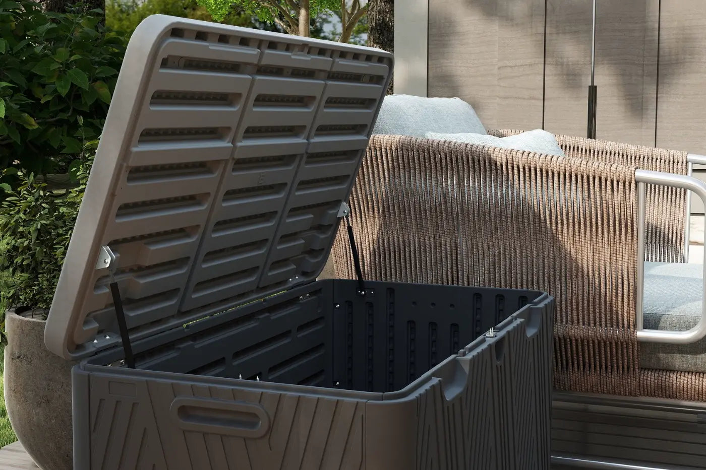 Outdoor trash bin with open lid in a garden setting