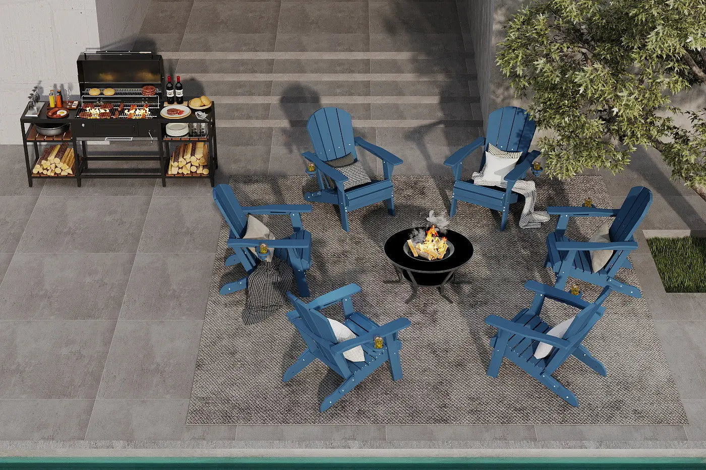 Outdoor patio setup with blue Adirondack chairs, grill, and fire pit.