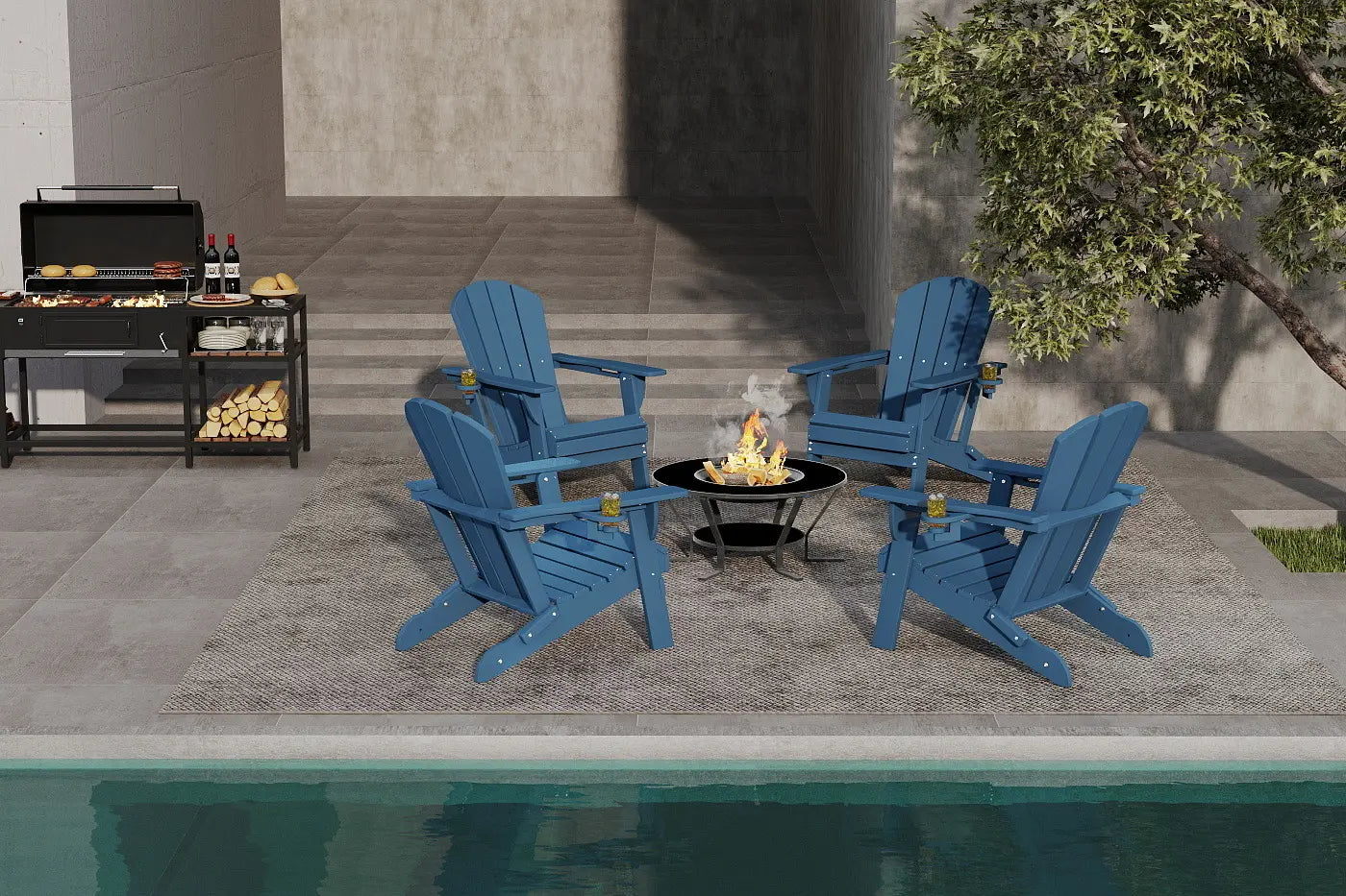 Blue Adirondack chairs around a fire pit on a patio next to a pool.