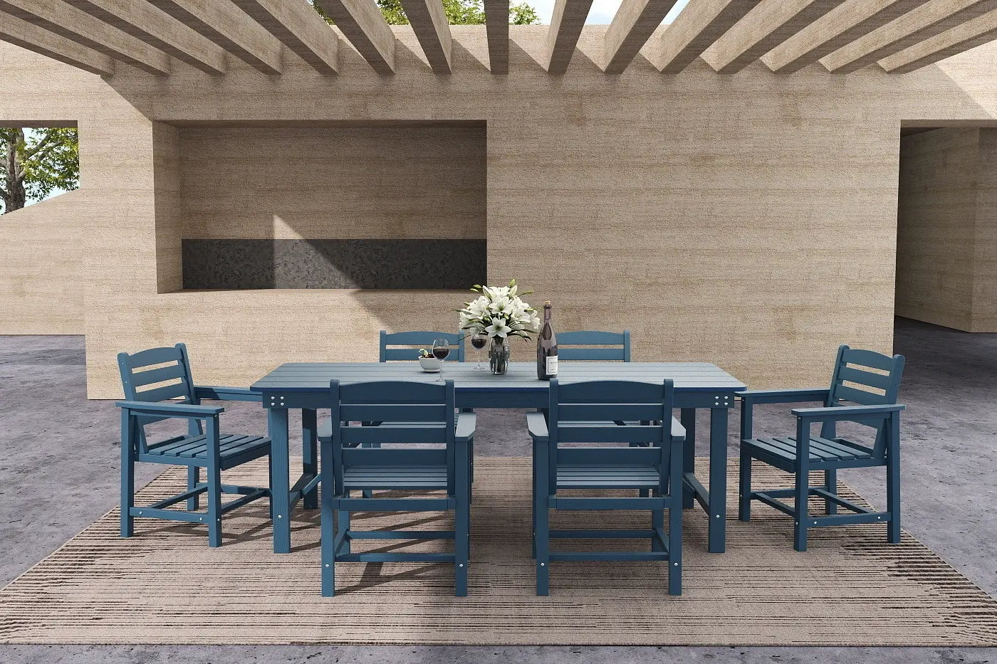Blue outdoor dining set with table and chairs on a patio
