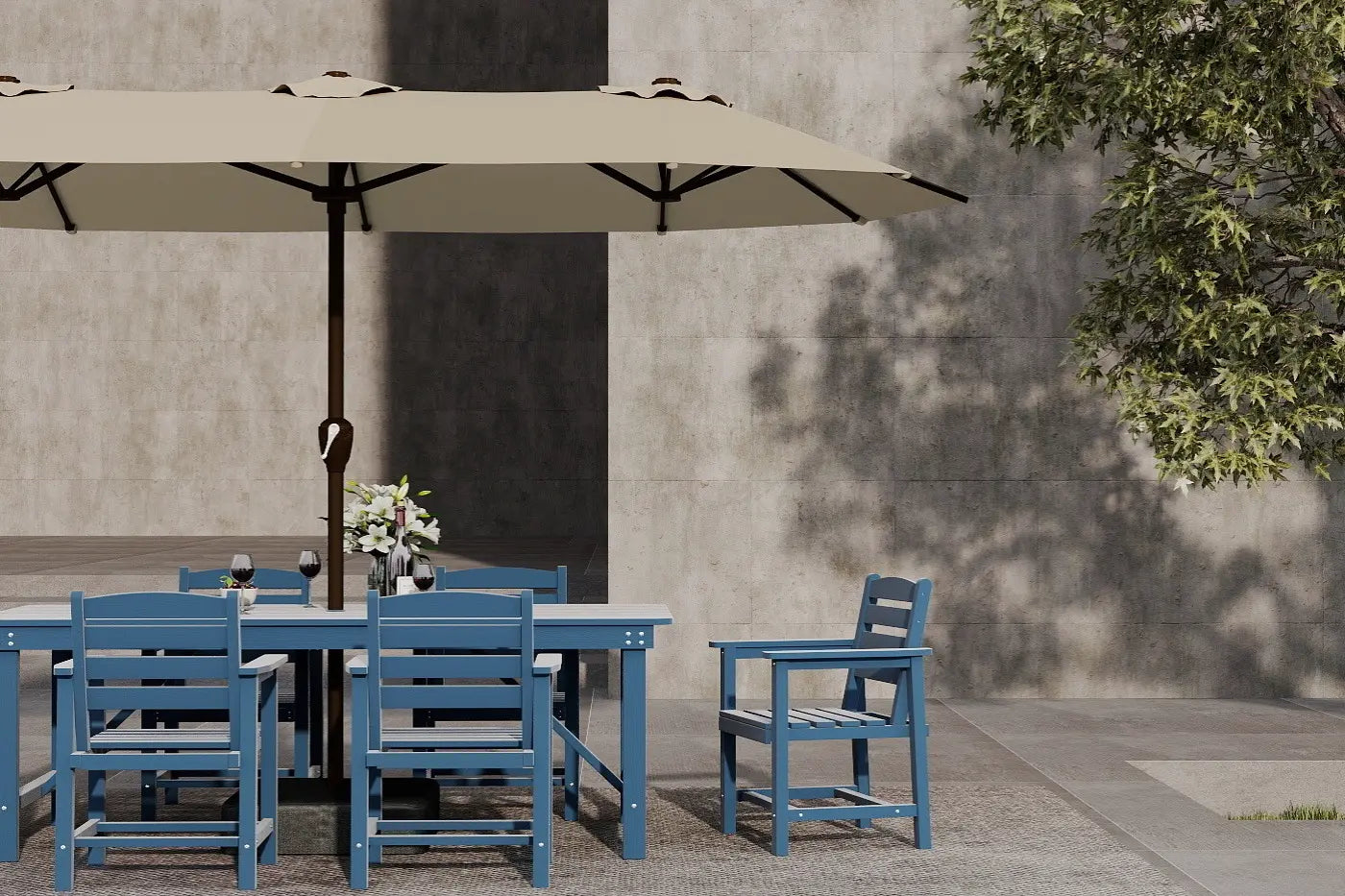 Outdoor furniture set with blue chairs and a beige umbrella against a concrete wall.