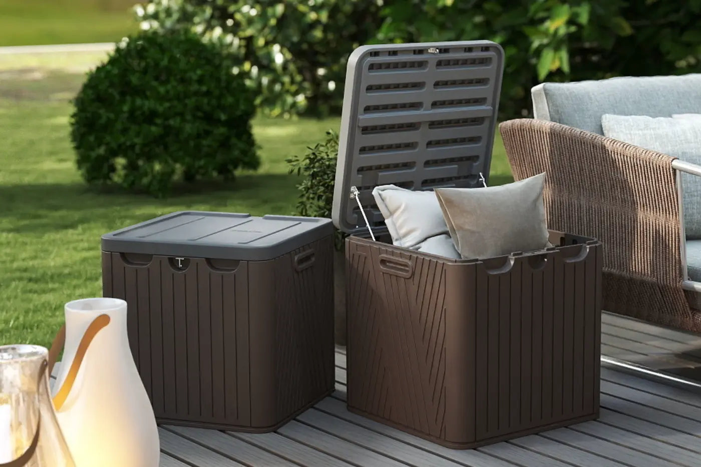 Brown outdoor storage box with cushions on a deck