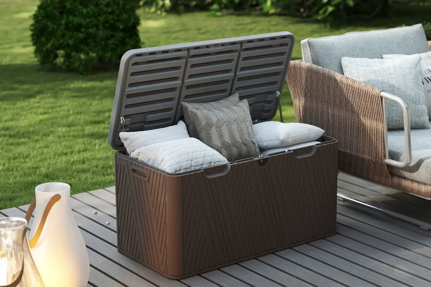 Outdoor storage box with cushions on a patio