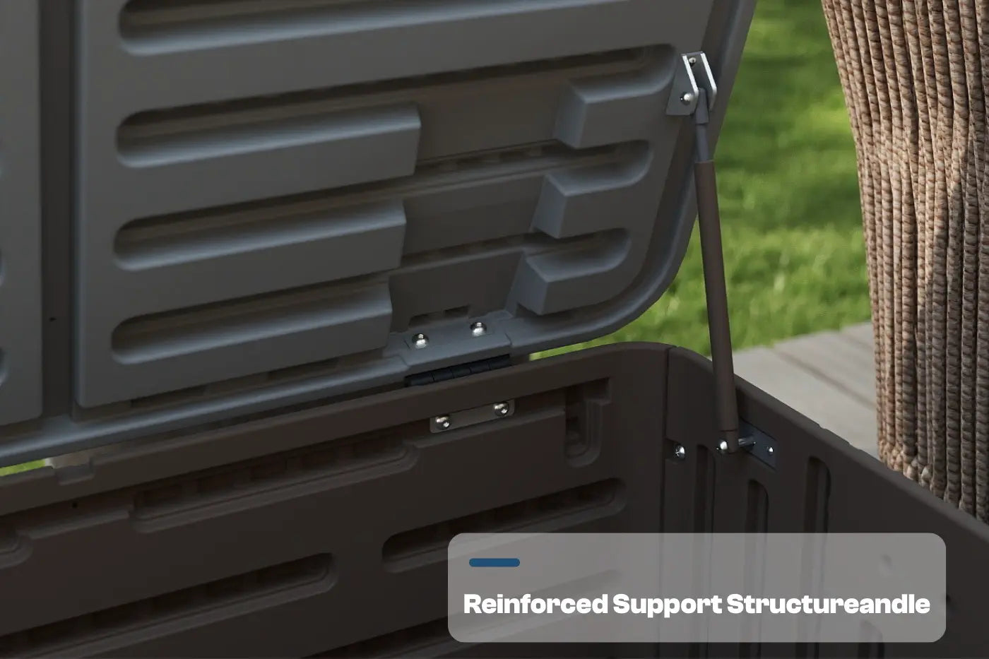 Close-up of a black storage box with an open lid, showing a reinforced support structure and handle.