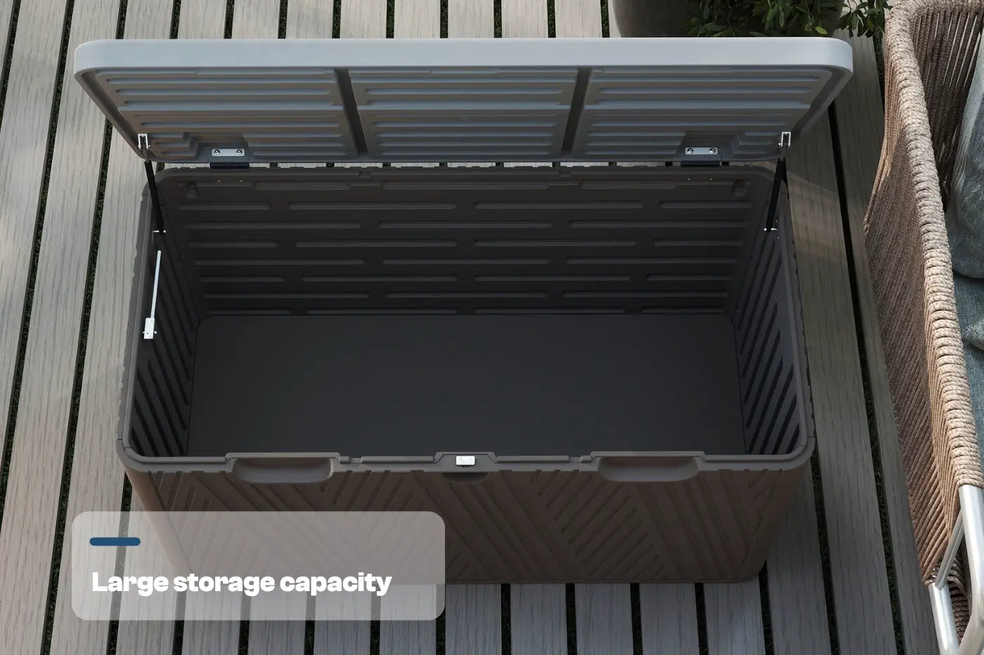 Large storage bin on a wooden surface with 'Large storage capacity' text overlay