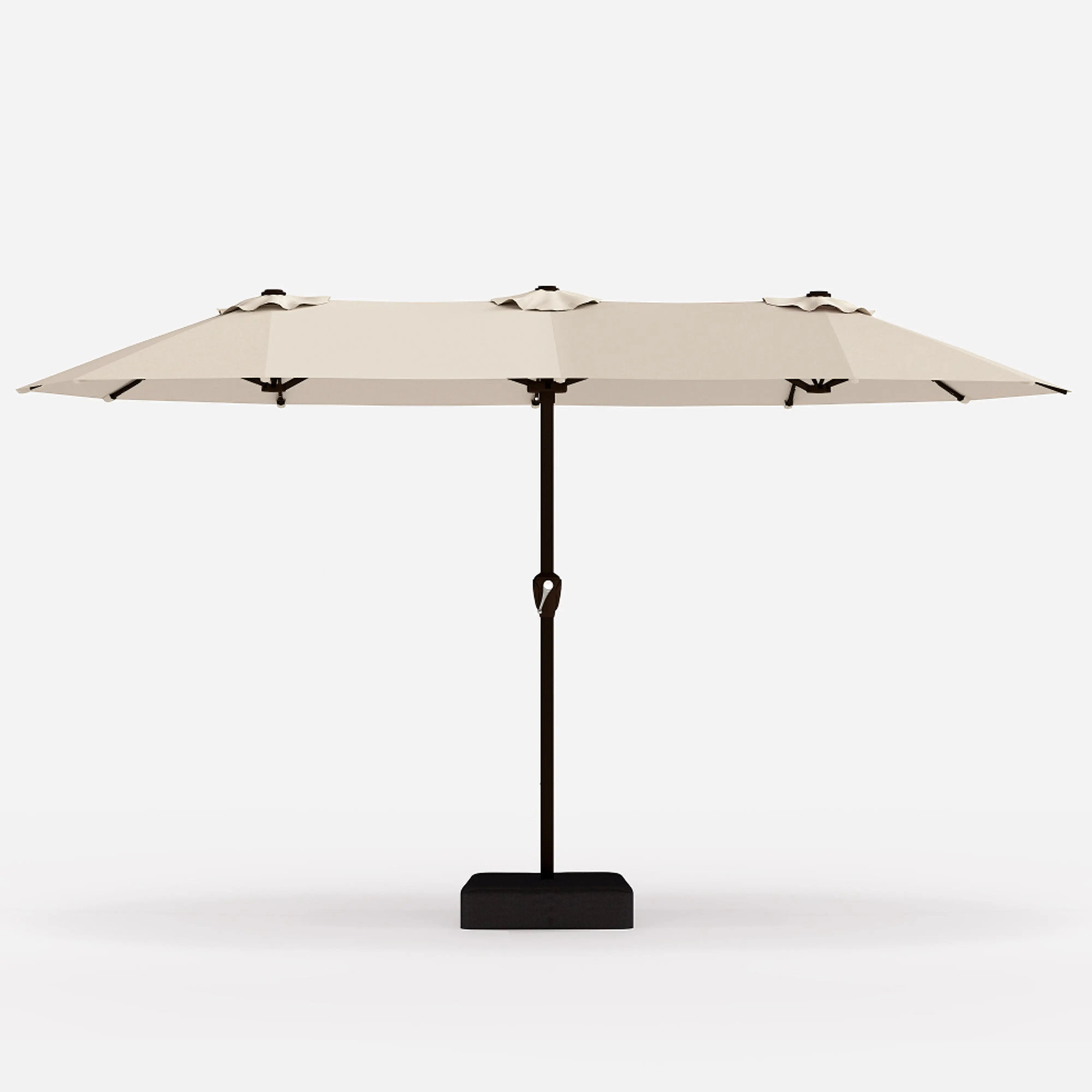 Beige patio umbrella with black stand on a white background