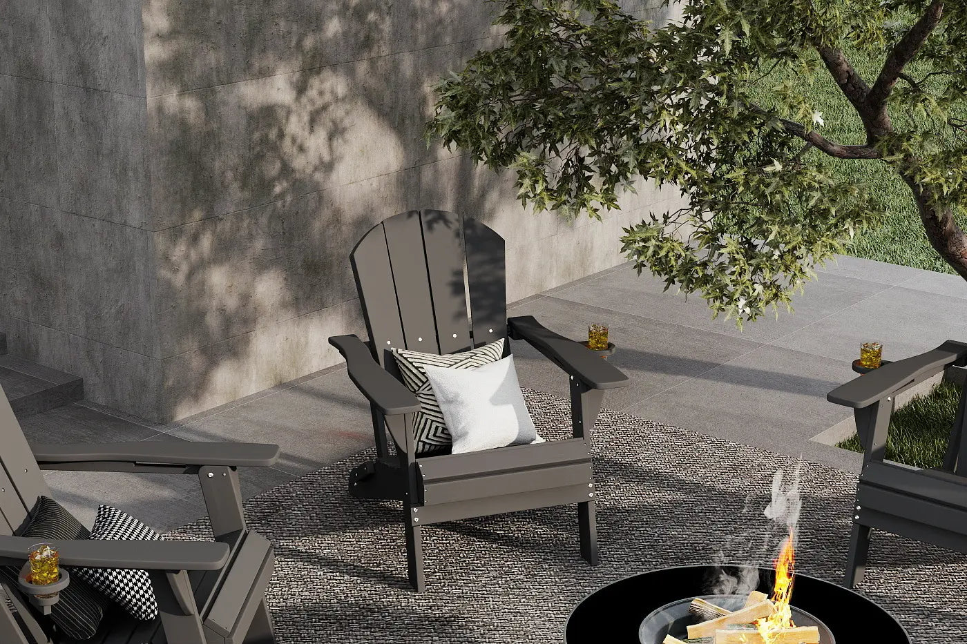 Outdoor patio scene with Adirondack chairs and a fire pit.