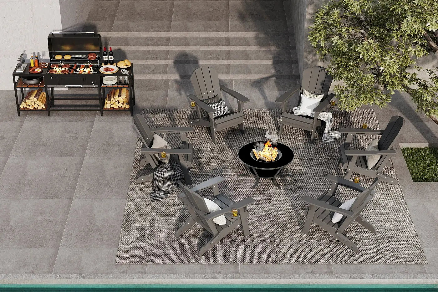 Outdoor patio setup with chairs, grill, and fire pit on a concrete patio.