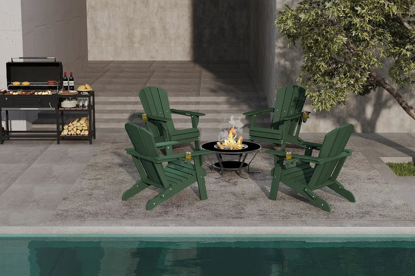 Green Adirondack chairs around a fire pit on a patio next to a pool.