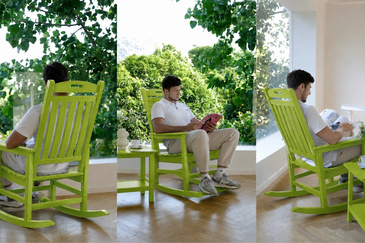 Three-panel lifestyle photo showing a man sitting in an apple green rocking chair in a sunlit room with large windows and green foliage outside.