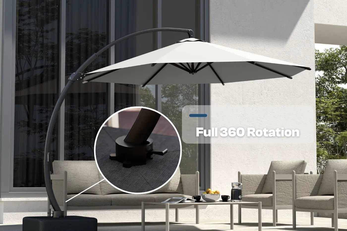 Outdoor patio umbrella with 360-degree rotation feature in a modern outdoor setting.