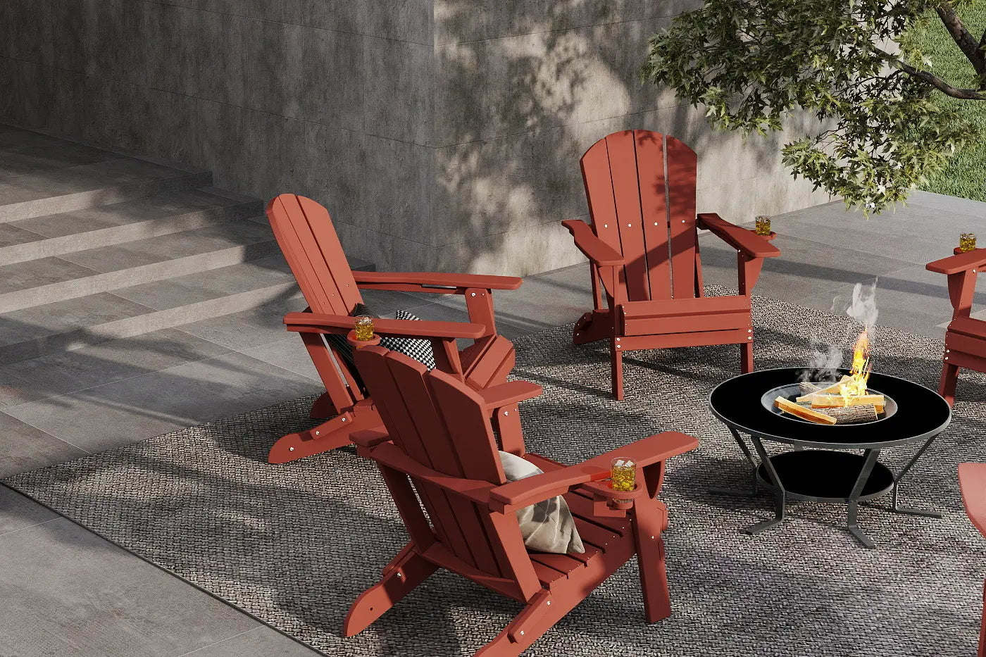 Red Adirondack chairs around a fire pit on a patio