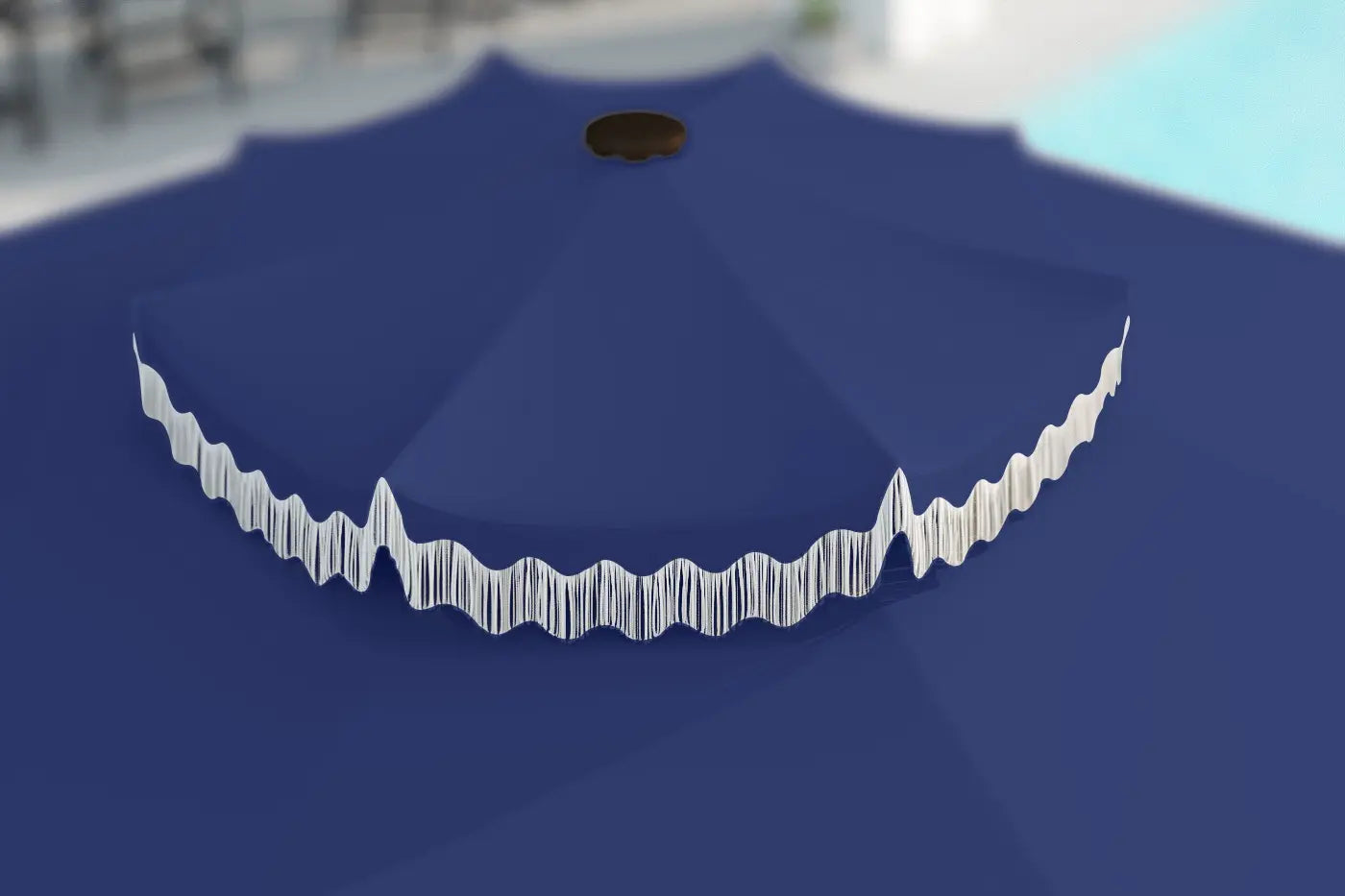 Blue umbrella with white trim on a plain background