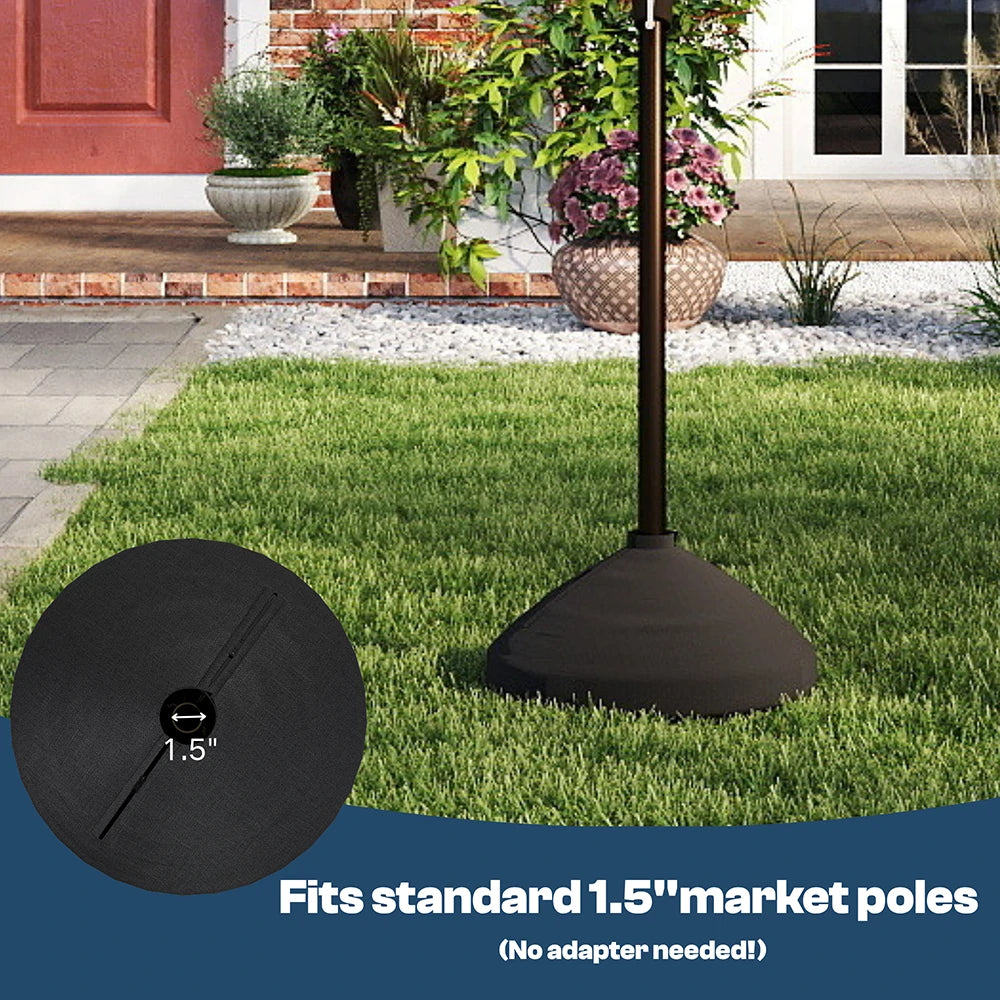 Black outdoor umbrella stand on grass with a close-up of the base and text indicating compatibility with standard 1.5-inch market poles.