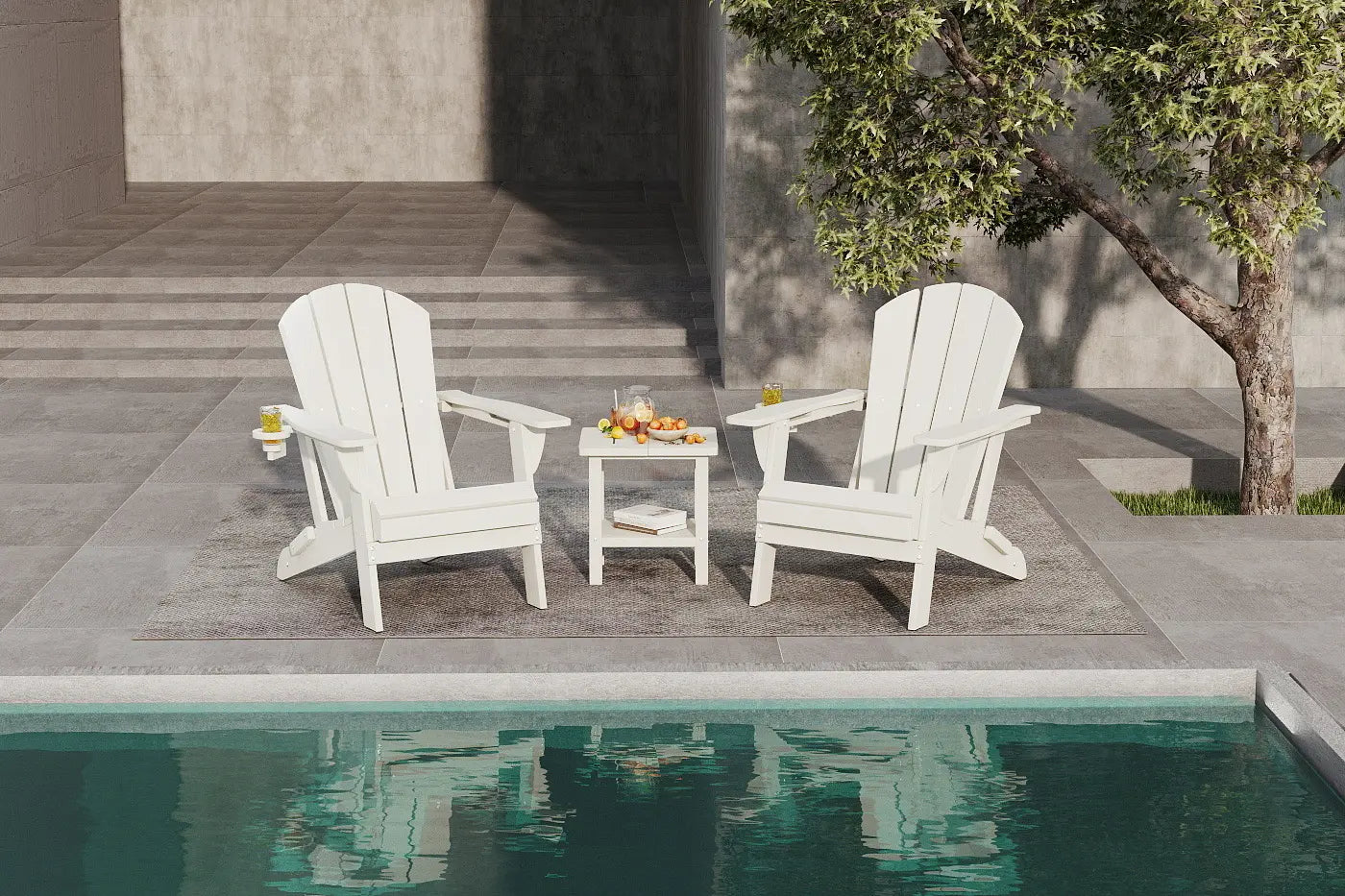 Two white Adirondack chairs by a poolside with a small table and snacks.