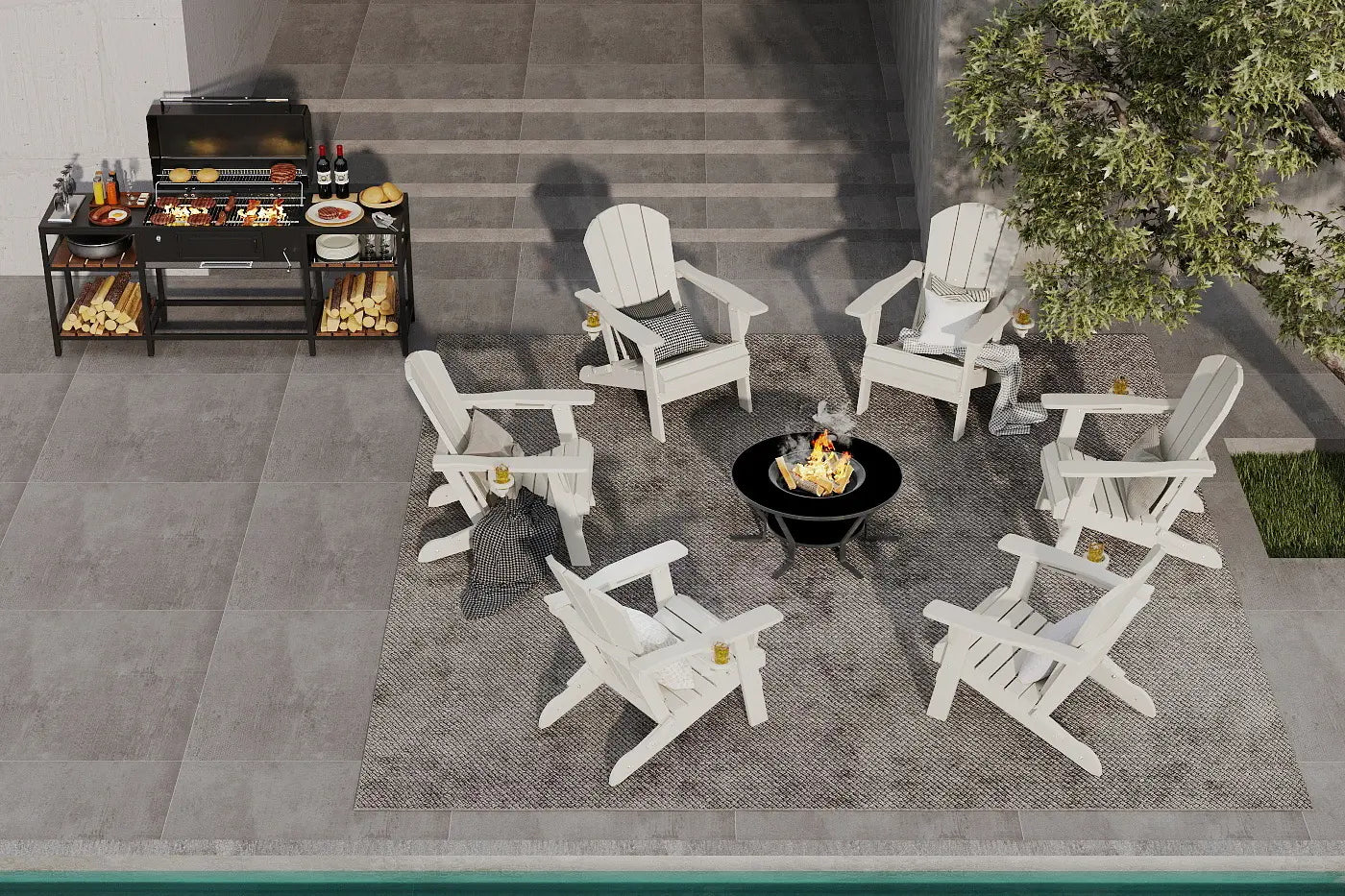 Outdoor patio setup with white Adirondack chairs around a fire pit, grill, and food.