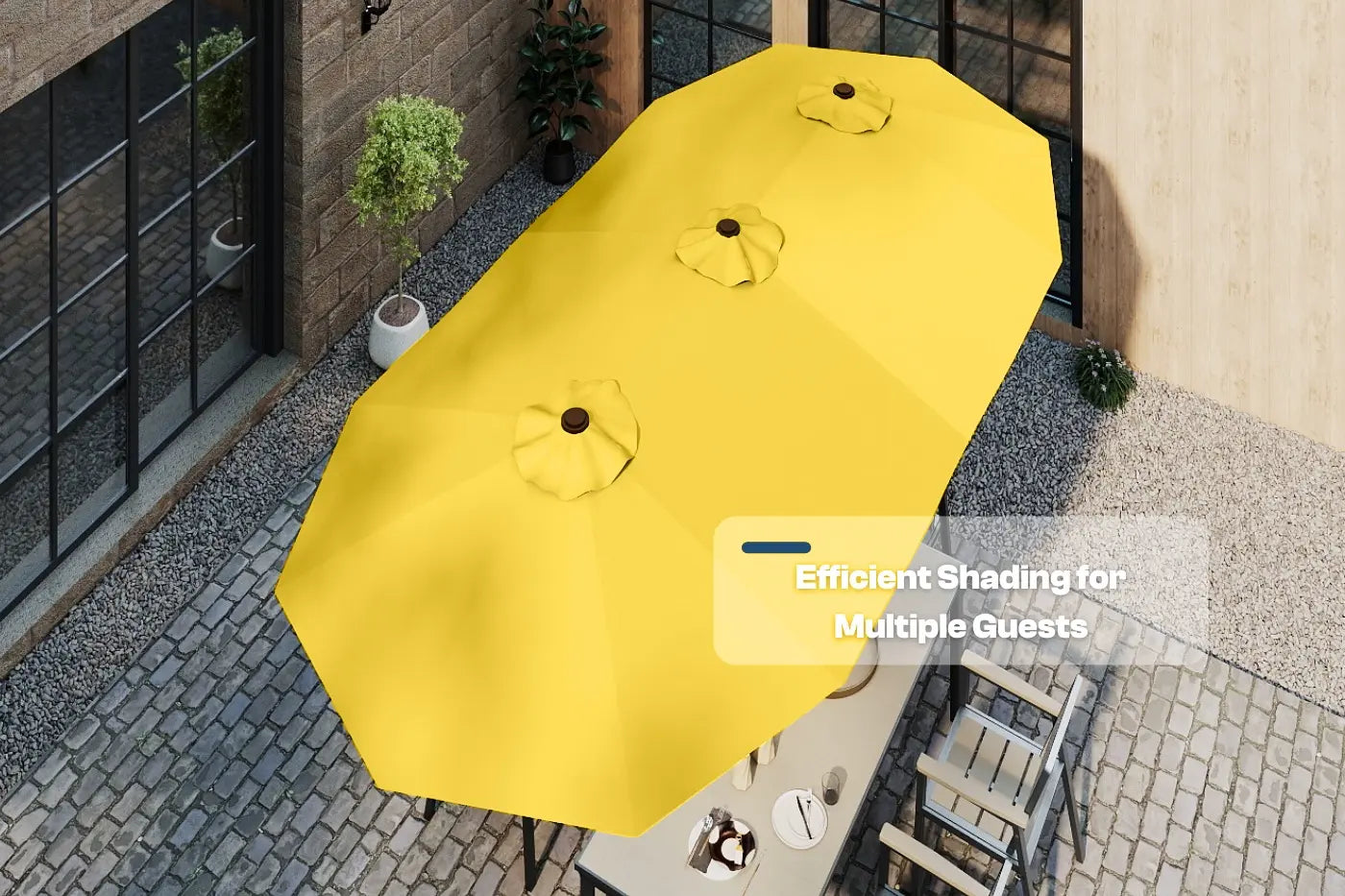 Yellow outdoor umbrella on a patio with text 'Efficient Shading for Multiple Guests'.