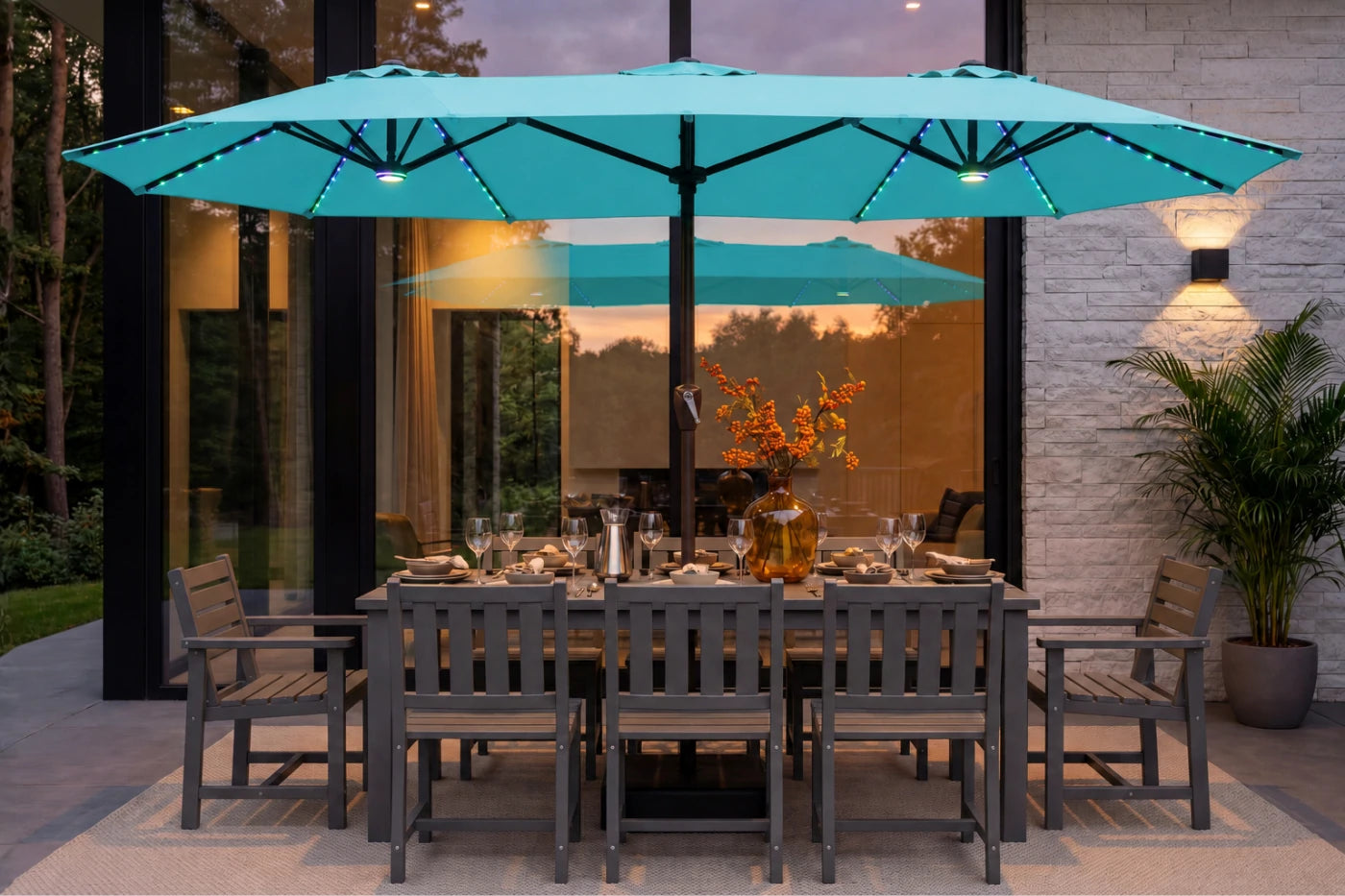 Double-Sided Patio Umbrella with Base & RGB LED Lights