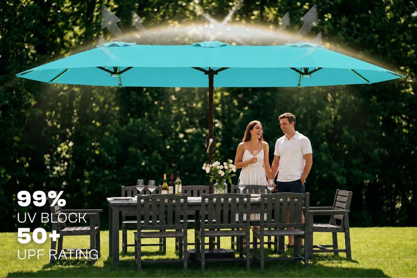 Double-Sided Patio Umbrella with Base & RGB LED Lights