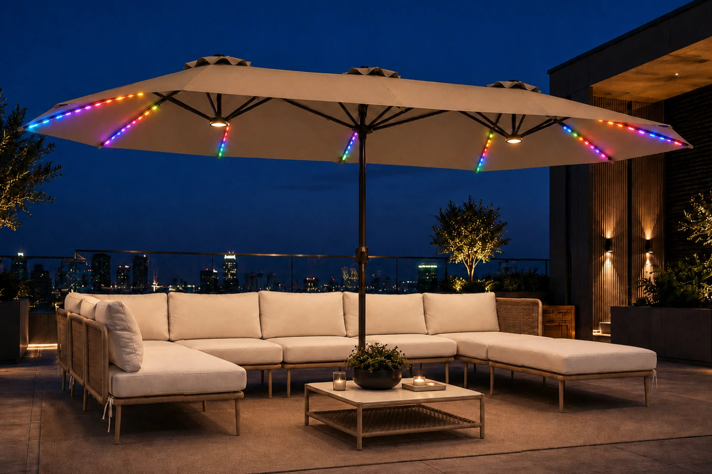 Double-Sided Patio Umbrella with Base & RGB LED Lights