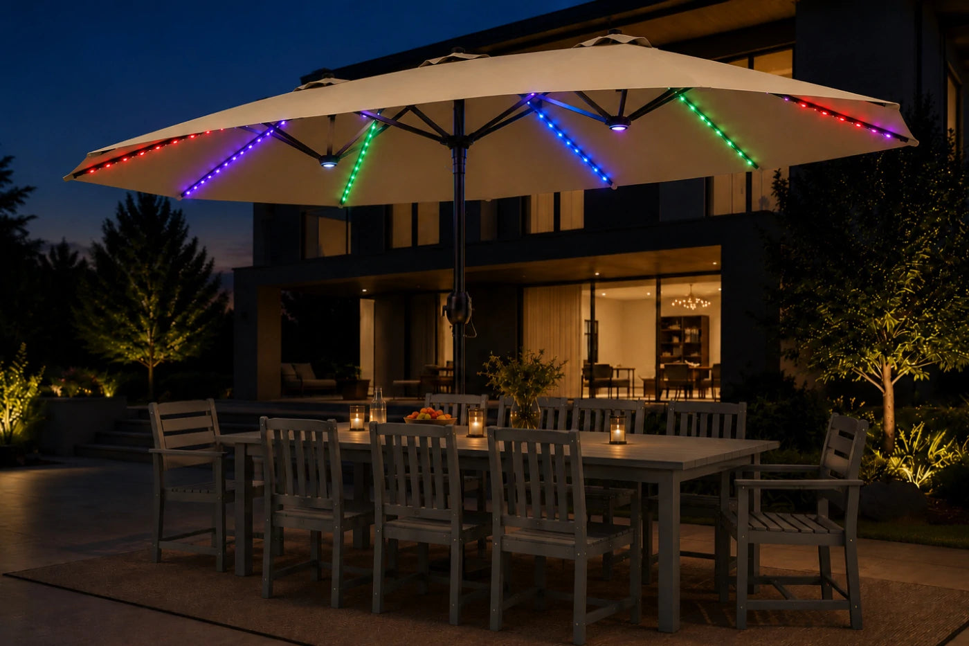 Double-Sided Patio Umbrella with Base & RGB LED Lights