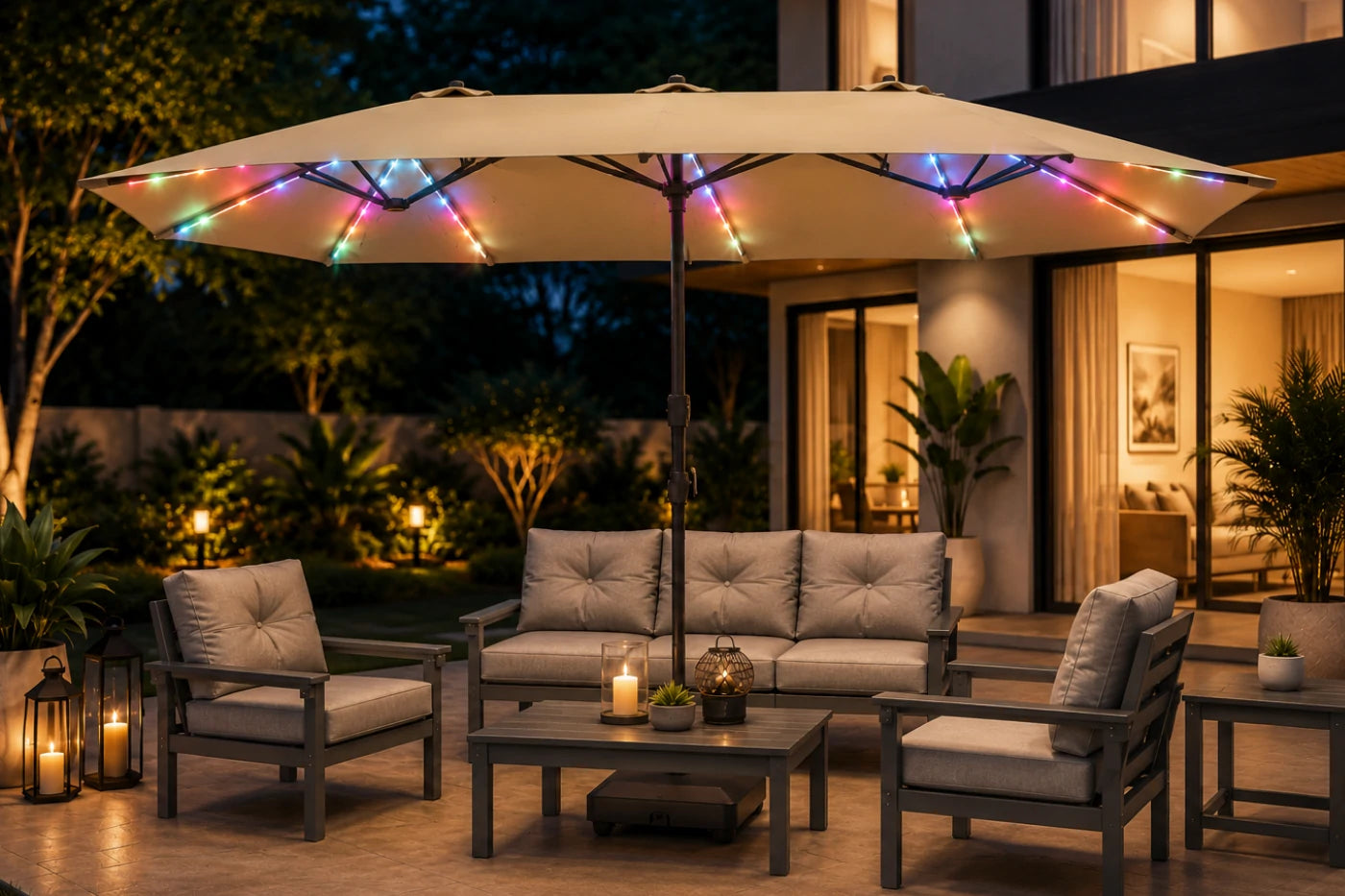 Double-Sided Patio Umbrella with Base & RGB LED Lights