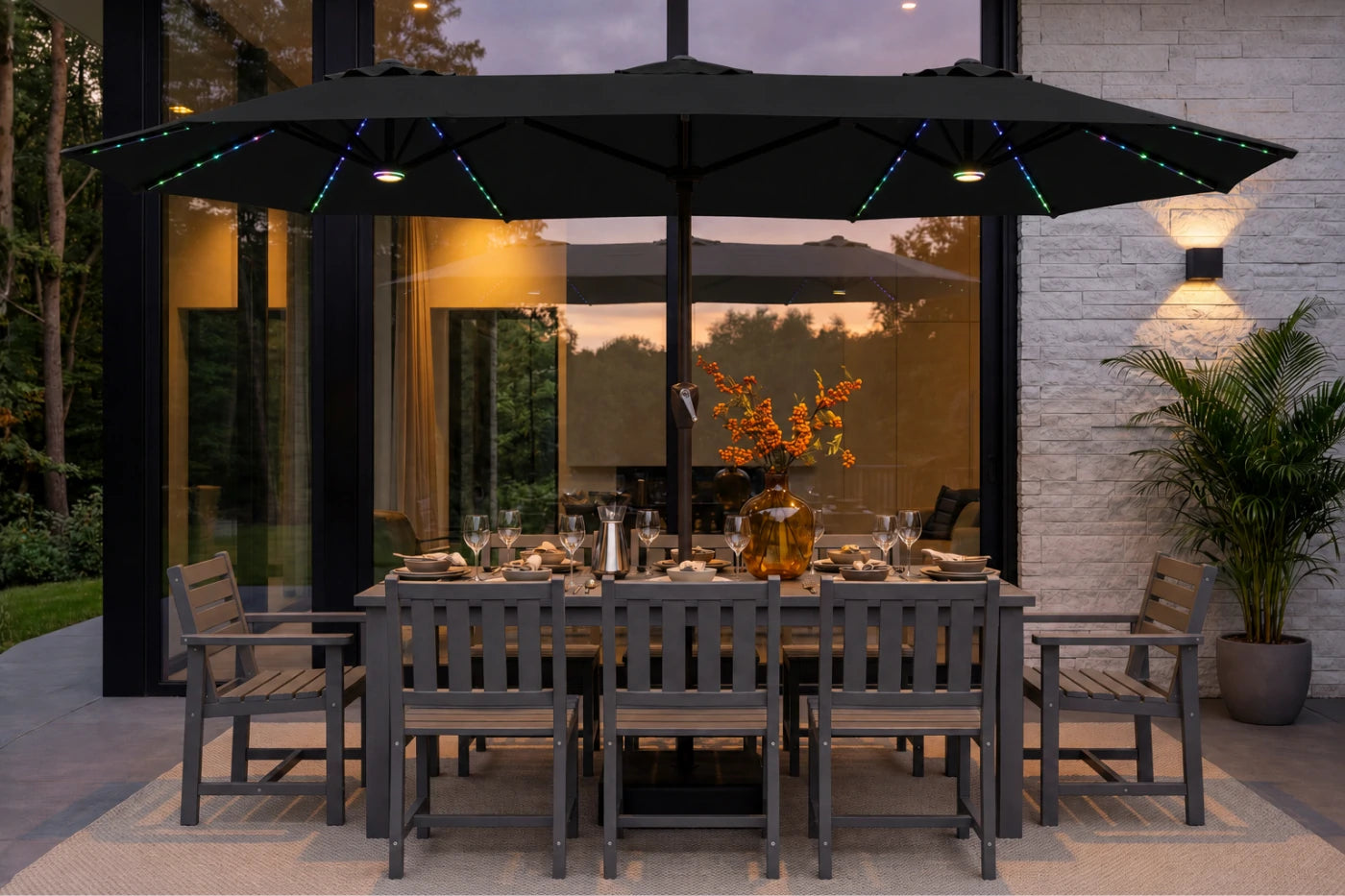 Double-Sided Patio Umbrella with Base & RGB LED Lights