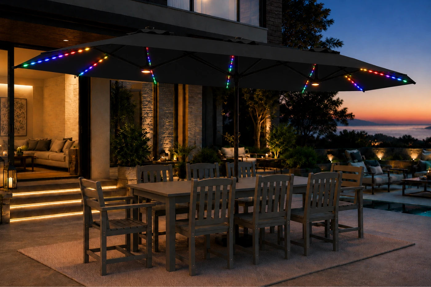 Double-Sided Patio Umbrella with Base & RGB LED Lights