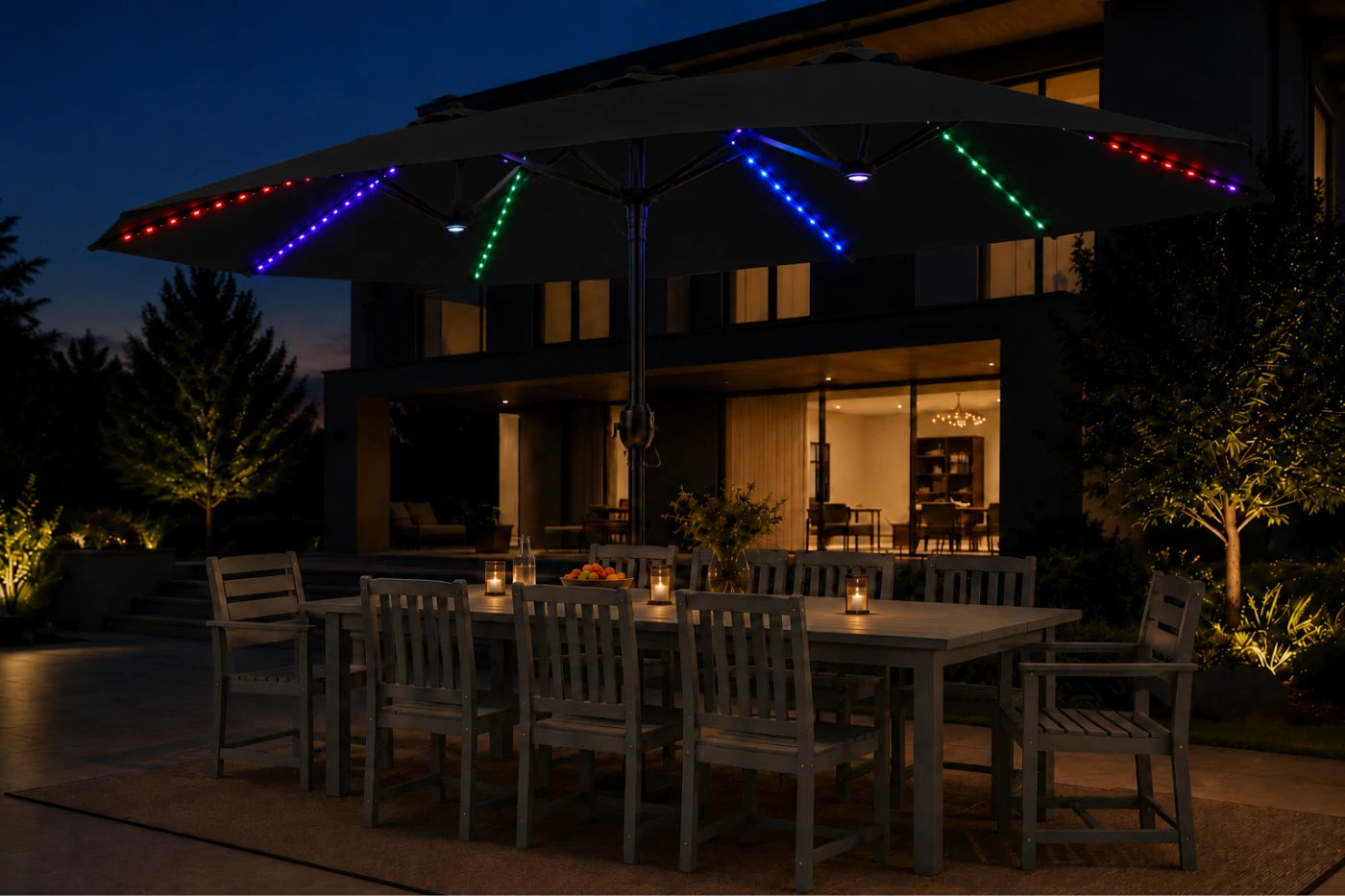 Double-Sided Patio Umbrella with Base & RGB LED Lights