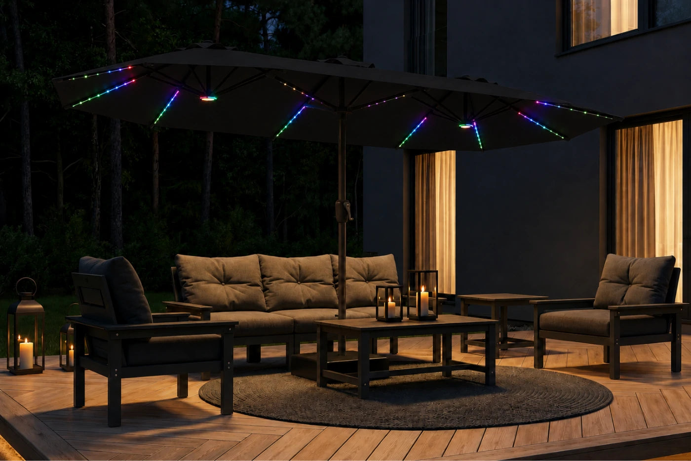 Double-Sided Patio Umbrella with Base & RGB LED Lights