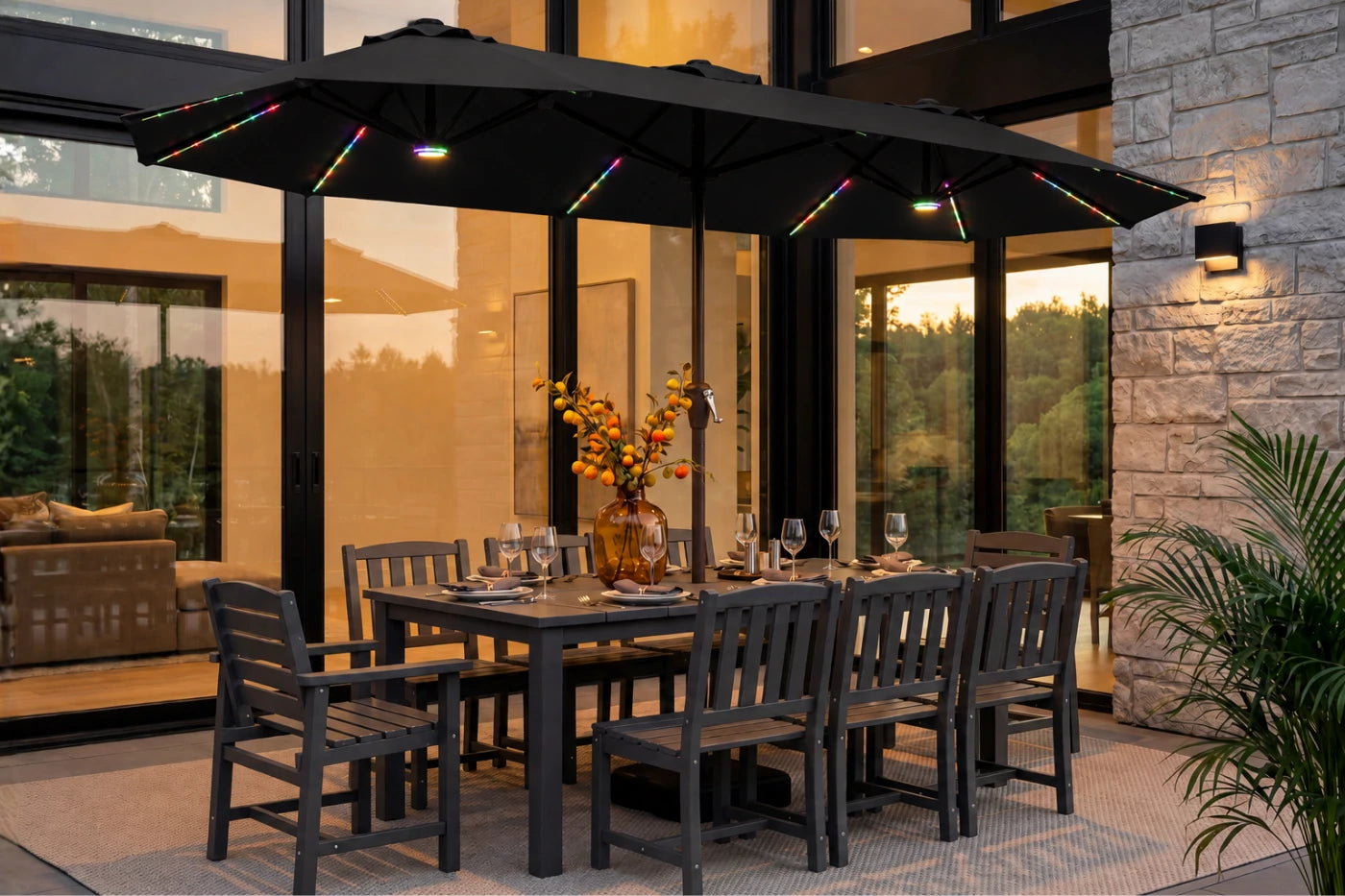 Double-Sided Patio Umbrella with Base & RGB LED Lights