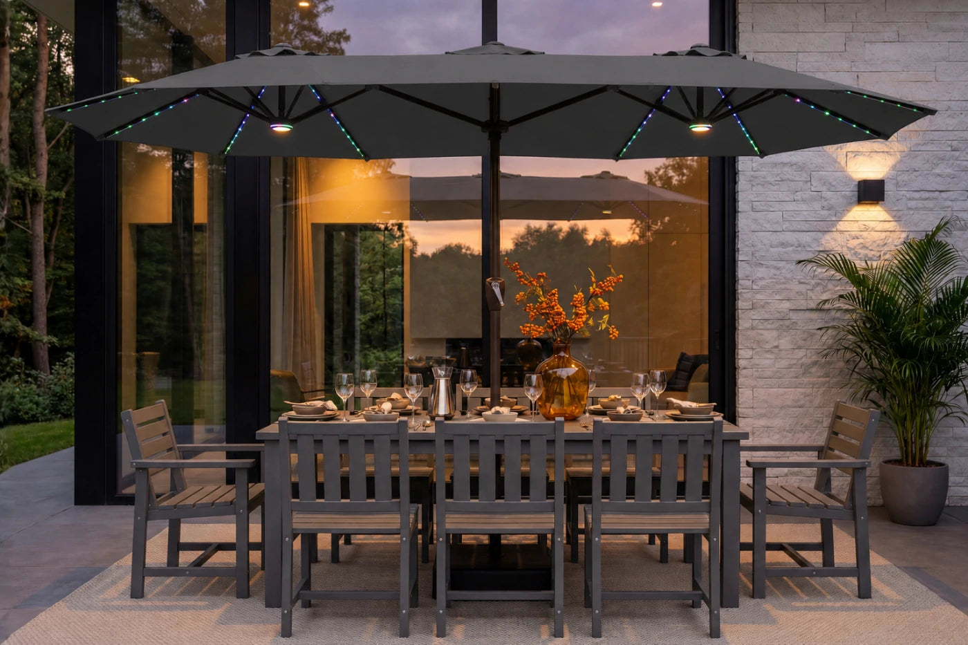 Double-Sided Patio Umbrella with Base & RGB LED Lights