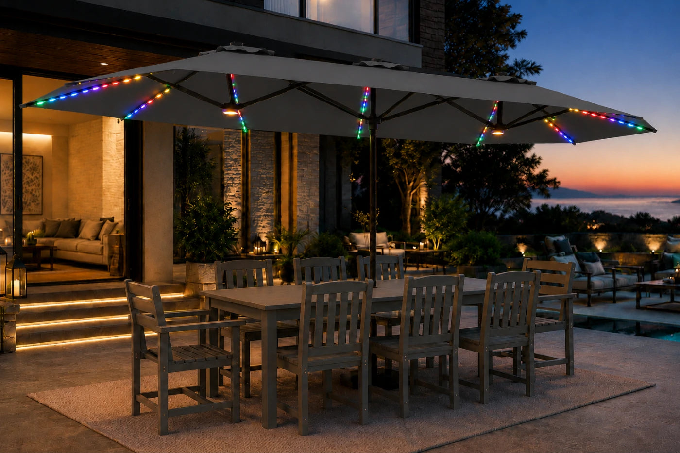 Double-Sided Patio Umbrella with Base & RGB LED Lights