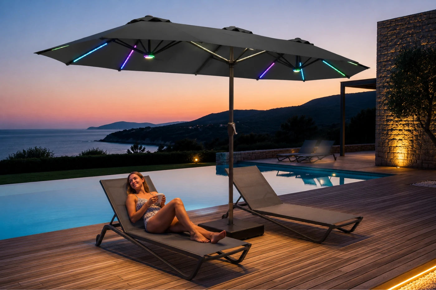 Double-Sided Patio Umbrella with Base & RGB LED Lights