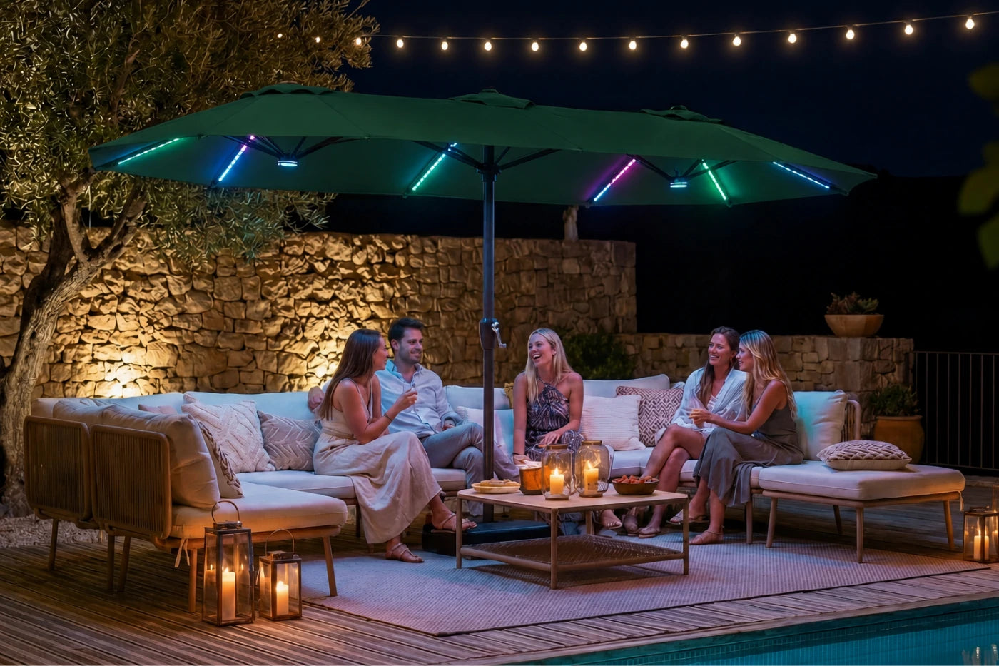 Double-Sided Patio Umbrella with Base & RGB LED Lights
