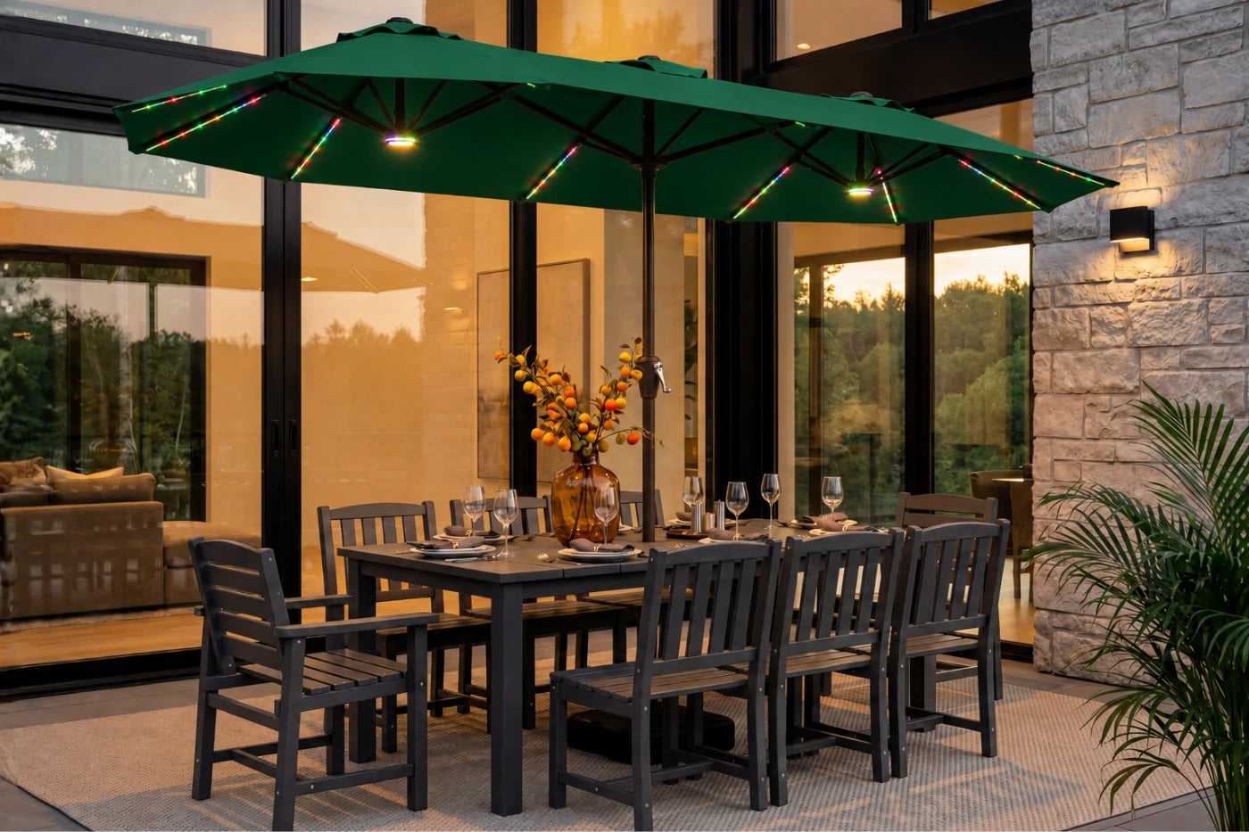 Double-Sided Patio Umbrella with Base & RGB LED Lights