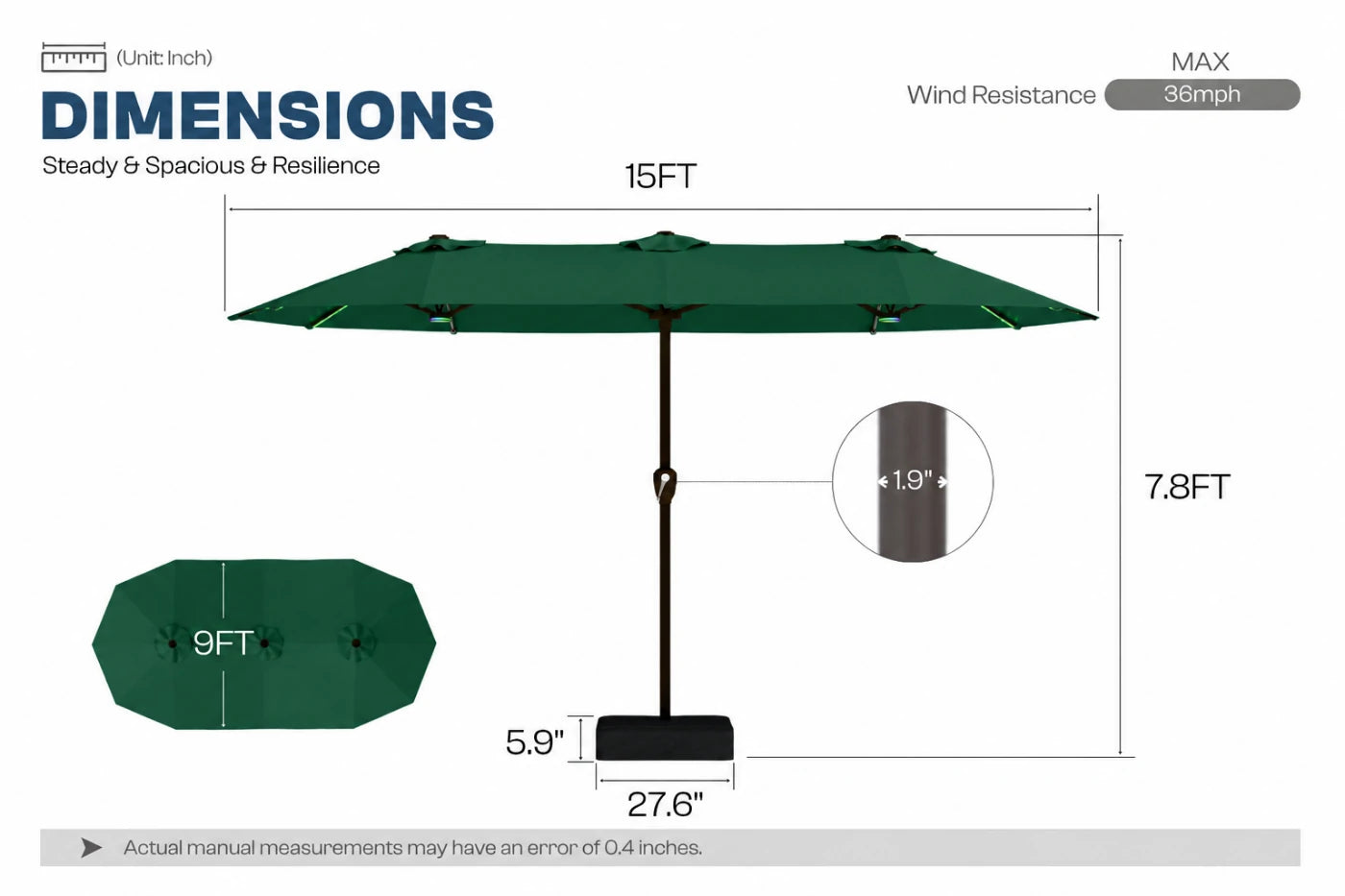 Double-Sided Patio Umbrella with Base & RGB LED Lights