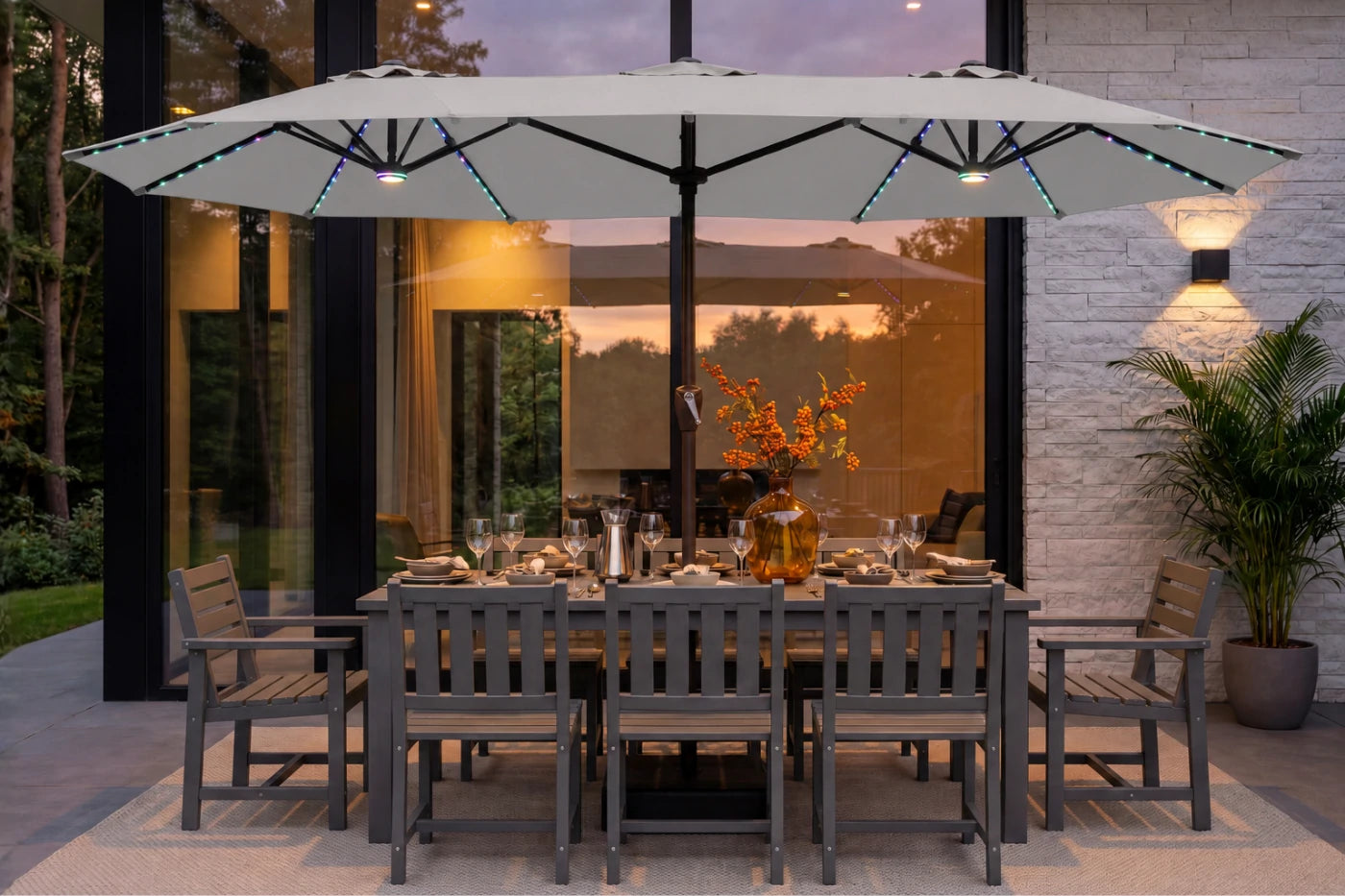 Double-Sided Patio Umbrella with Base & RGB LED Lights