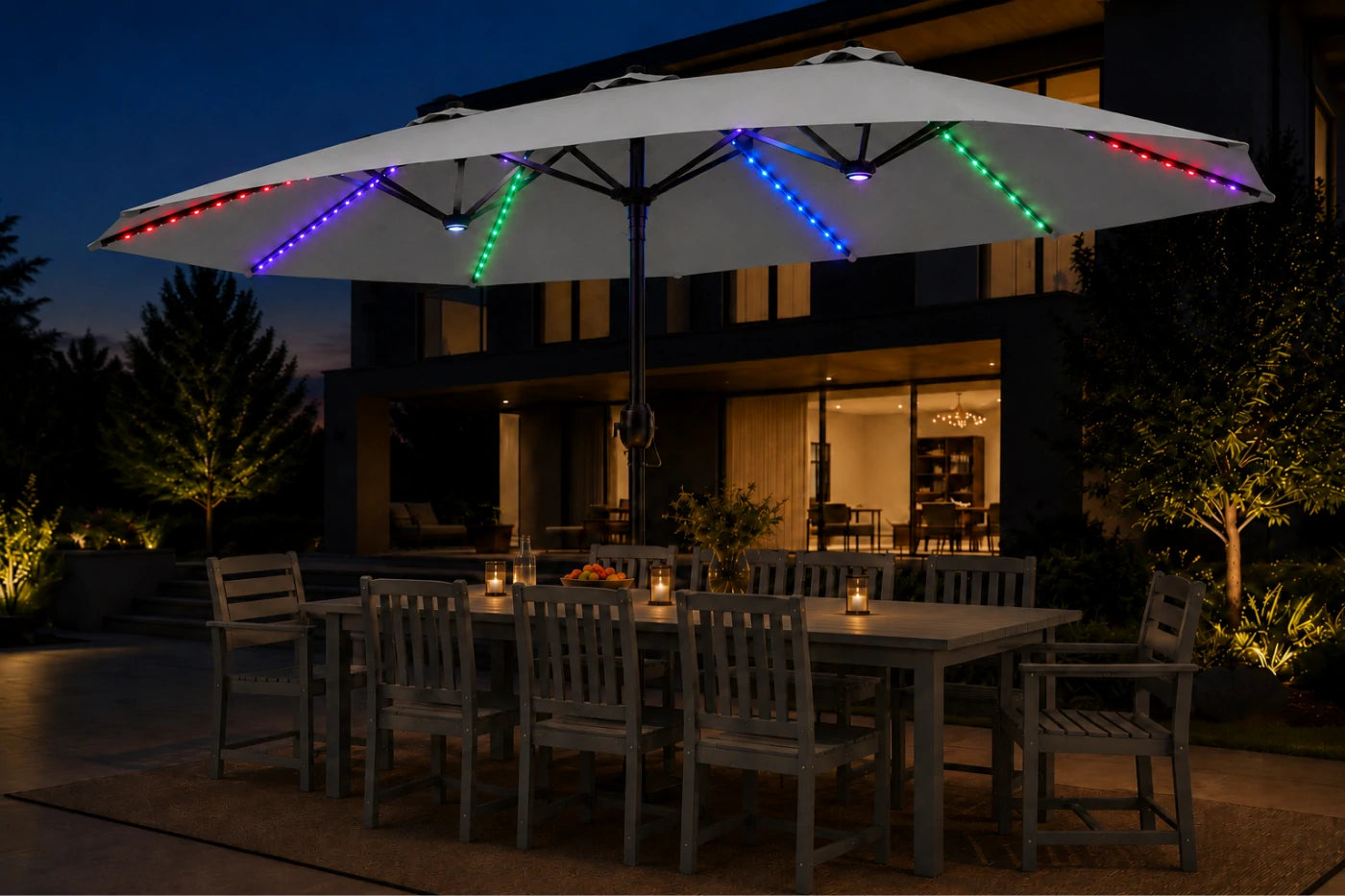Double-Sided Patio Umbrella with Base & RGB LED Lights