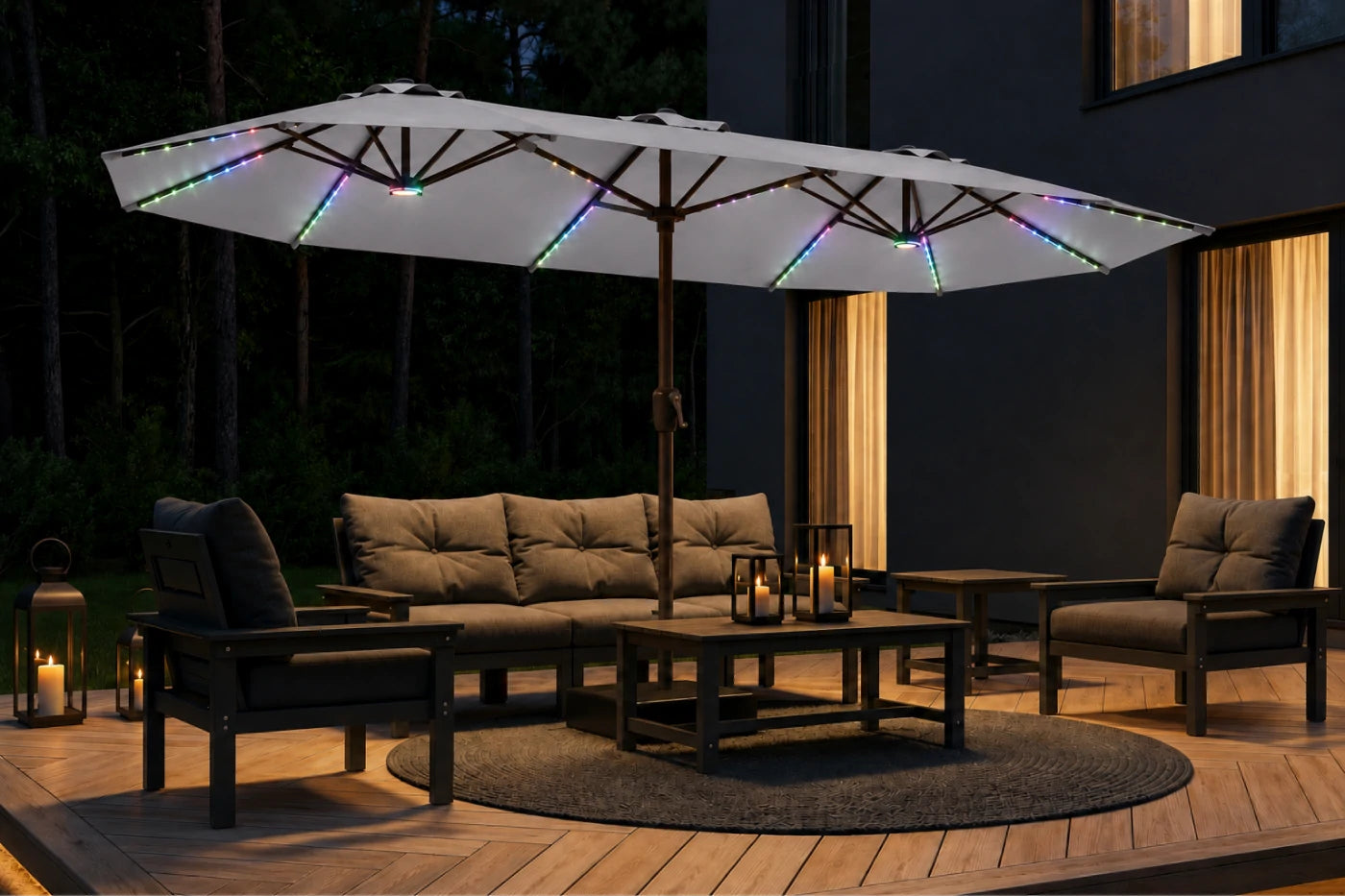 Double-Sided Patio Umbrella with Base & RGB LED Lights