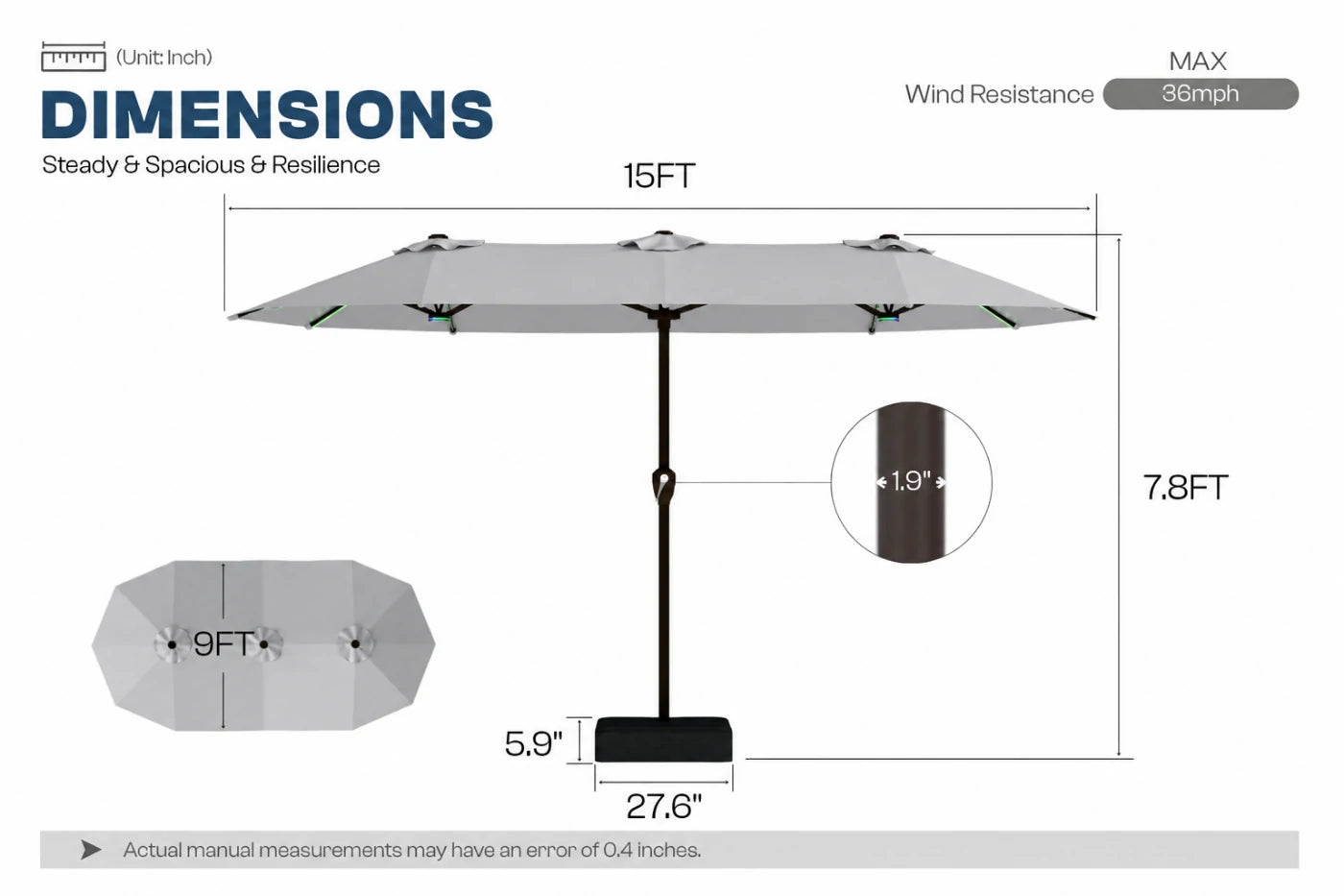 Double-Sided Patio Umbrella with Base & RGB LED Lights