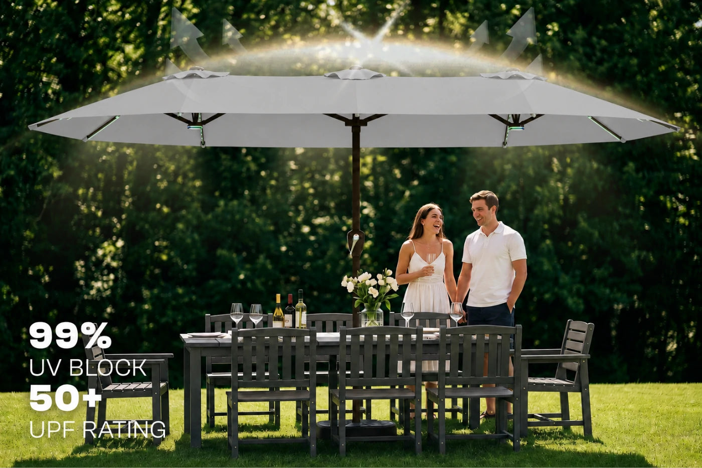 Double-Sided Patio Umbrella with Base & RGB LED Lights