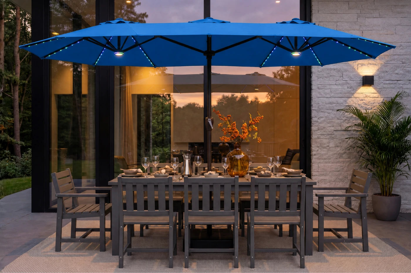 Double-Sided Patio Umbrella with Base & RGB LED Lights