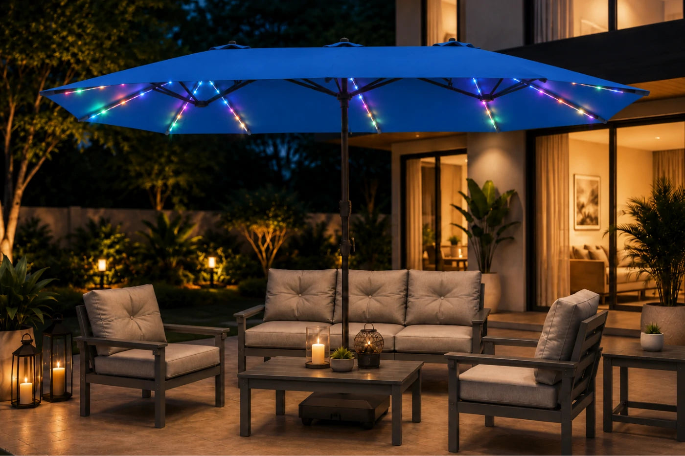 Double-Sided Patio Umbrella with Base & RGB LED Lights