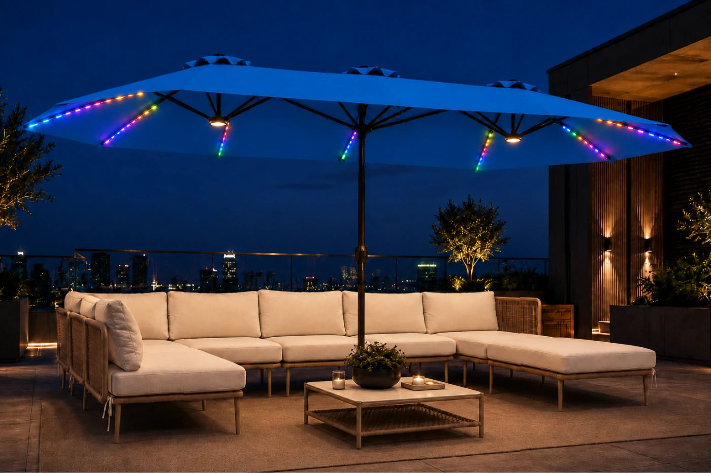 Double-Sided Patio Umbrella with Base & RGB LED Lights
