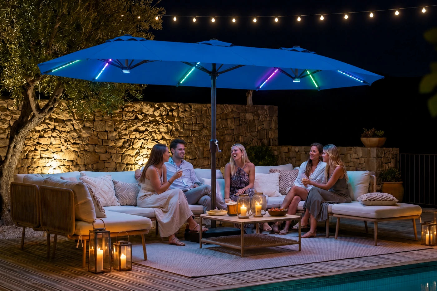 Double-Sided Patio Umbrella with Base & RGB LED Lights